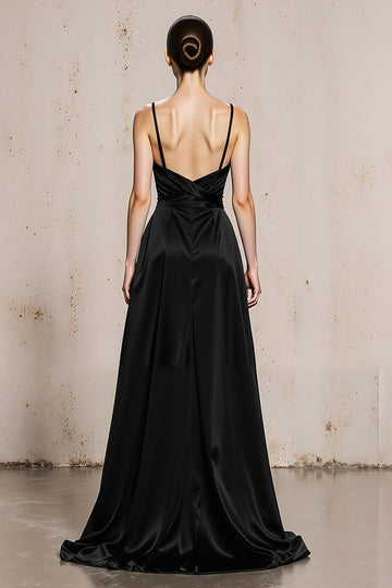 Black White Spaghetti Straps A Line Satin Long Formal Dress